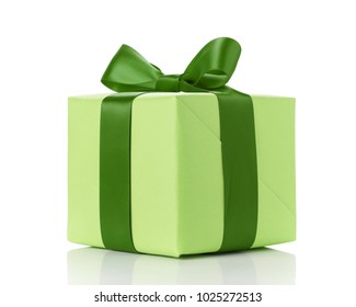 Small Green Gift Box With Red Ribbon Bow Isolated On White