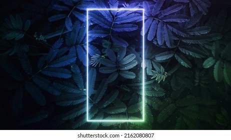 The small green leaves background framed with colorful abstract neon light. - Shutterstock ID 2162080807