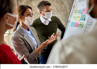 Small Group Of Business Colleagues Analyzing Mind Map On White Board While Working On New Business Strategy In The Office. 