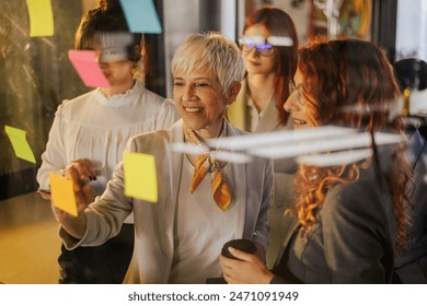 Small group of creative innovative female managers standing at corporate office and writing down ideas and tasks on sticky notes. A female business team is working on a marketing and business plan. - Powered by Shutterstock