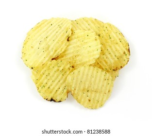 A Small Group Of Ridged Sour Cream And Onion Potato Chips On A White Background.