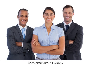 Small Group Of Smiling Business People Standing Together On White Background