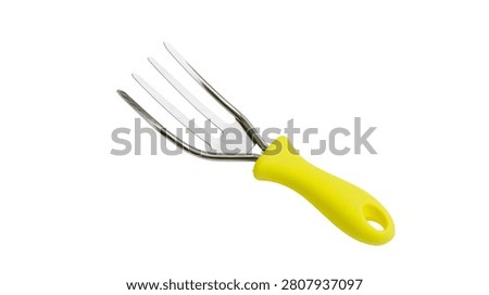 Small hand garden fork with bright yellow plastic handle and metal tines