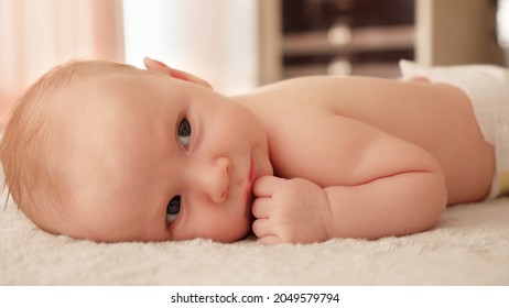 A Small Healthy Baby Being Active In The Morning. Cute Infant Being Energetic On A Sunny Day. Baby Stare. Beautiful Caucasian Baby At Home Stareing Into Camera.