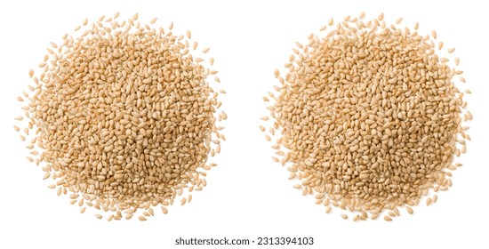 A small heap of roasted white sesame seeds isolated on white background, top view. - Powered by Shutterstock