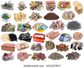 Small Heaps  And Piles Of Various Inedible Objects And Things Set. Isolated On White
