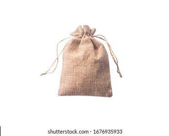 Small Hemp Sack Pouch Cloth Or Burlap Sack With Jute Rope Isolated  On White Background. For Save Money. Hand Made Woven Rustic. Save The Environment Concept.