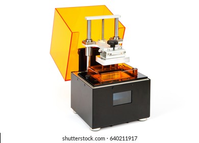 Small Home 3D Printer On A White Background. Studio Shot