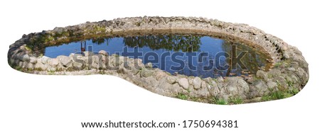 Small home-made pond with a coast made of granite stones and cobblestones. Isolated on white