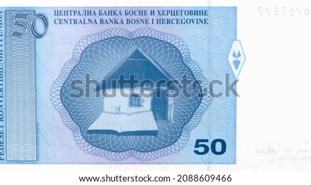 Small house, book, Portrait from Bosnia and Herzegovina 50 Convertible Maraka 1998 Banknotes.   