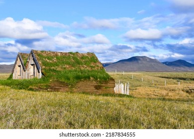 Small house with grass-covered roof as a thermal insulator - Viking tradition of Iceland where houses are built with grass-covered roofs - Shutterstock ID 2187834555