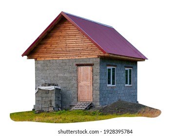 A small house with red roof on a white background. A small one-story house under construction from cinder blocks with a metal roof isolate on a white background.