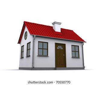 A Small House With Red Roof On A White Background