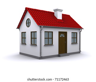 A Small House With Red Roof On A White Background