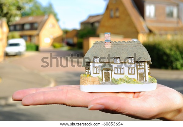 Small house in womans\
hand