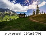 Small hut on hiking trail around Wilder Kaiser mountains, Tirol - Austria.