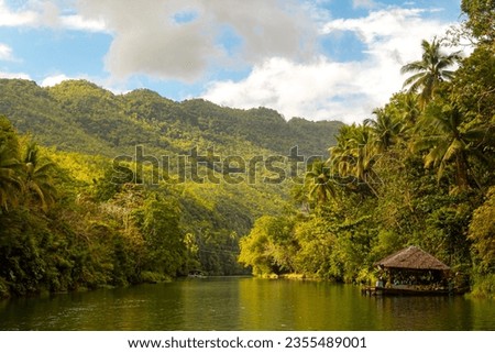 A small hut on tropical river with palm trees on both shores, Loboc river, Bohol, Philippines, cloudy sky with copy space for text