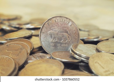 Small Indian Coins With The Reserve Bank Of India Logo.