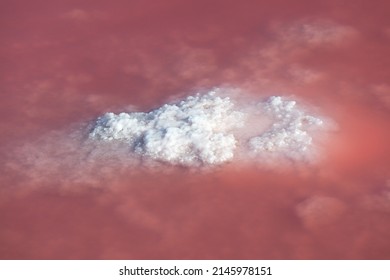 Small Island Of Healing Salt Rises Above The Surface Of Pink Lake. Unique Color Of The Lake Is Given By Halophile Microalgae Dunaliella Salina.