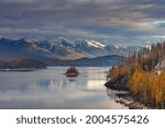 Small island in Hungry Horse Reservoir in the Flathead National Forest, Montana, USA