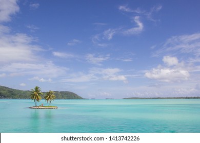 Small Island In Lagoon Of Bora Bora, French Polynesia, View From The Airport Motu.