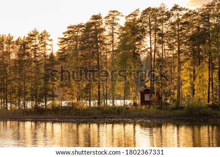 Small island on the lake with a country house in Finland. Traditional finnish lake landscape with cottage house at sunset