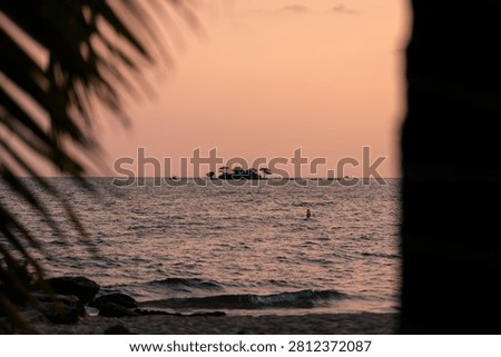 Small island at warm Phu Quoc sunset framed by palm silhouettes and gentle shoreline