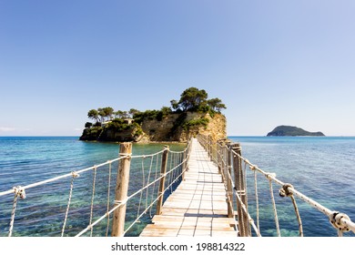 small island with wooden bridge crossing the shore  in Zante,Greece - Shutterstock ID 198814322