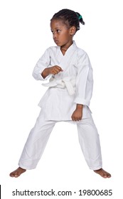 Small Karate Girl Training , Isolated On White Background