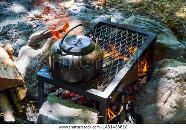 Small Kettle Heated On Bonfire Campfire Parks Outdoor Food And
