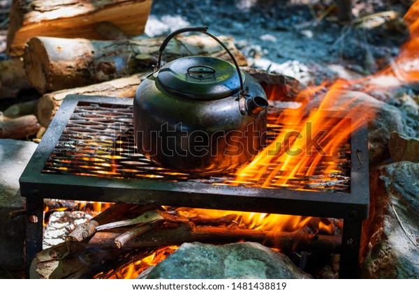 Small Kettle Heated On Bonfire Campfire Stock Photo Edit Now