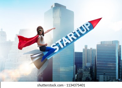 Small Kid In Start-up Concept Flying Rocket