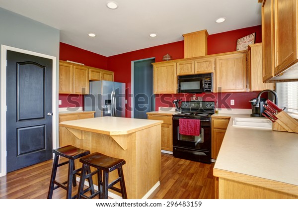 Small Kitchen Island Red Gray Walls Stock Photo Edit Now 296483159