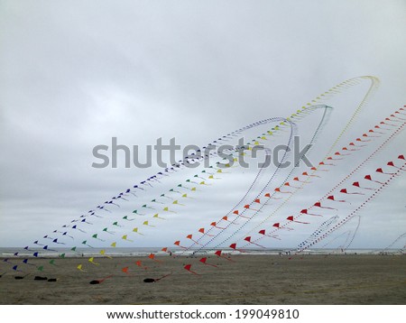 a colorful garland blows in the wind on the north sea