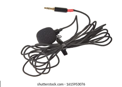 Small Lavalier Microphone Isolated On White Background. Professional Sound Recording Equipment. Lapel Mic. 