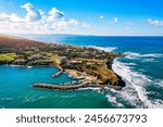 Small local harbor with colorful fishing boats at Pomos,Cyprus. Aerial view of Pomos fishermans harbour in Cyprus.