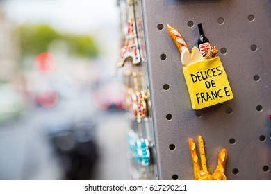 Small Magnet Souvenirs On The Street In Paris, France. Baguette Gift Present. 