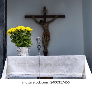 A small makeshift religious altar