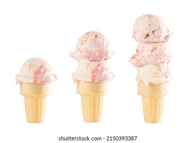 Small Medium and Large Cones of Strawbery Cheesecake Ice Cream