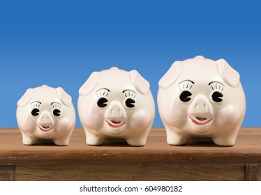 Small Medium And Large Piggy Banks On Shelf