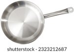 Small metallic frying pan having practical long handle for safe use. Isolated over white background