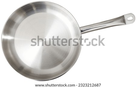 Small metallic frying pan having practical long handle for safe use. Isolated over white background