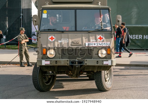 Small military medical truck pinzgauer. Wien,\
Austria - 6 october 2019