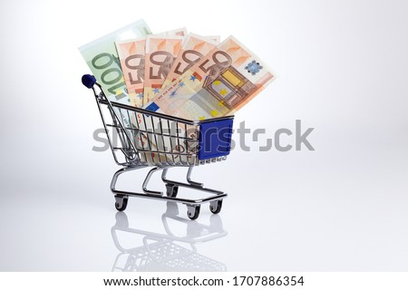small miniature shopping trolley with euro banknotes