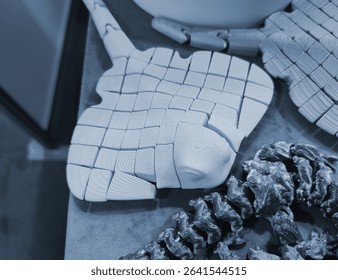 Small model of stingray printed on 3D printer from molten colored plastic. Creative multicolored models printed on 3D printer. Concept 3D Printing. New 3D Printing additive technology. Blue color