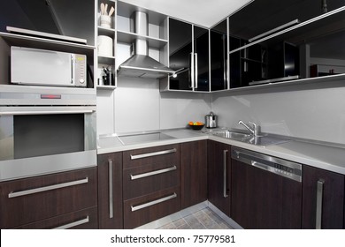 Small Modern Kitchen In Black And Wenge Colors