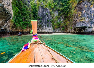 The Small Monkey Beach In Paradise Bay - About 5 Minutes Boat Ride From The Ao Ton Sai Pier - Koh Phi Phi Don Island At Krabi, Thailand - Tropical Travel Destination