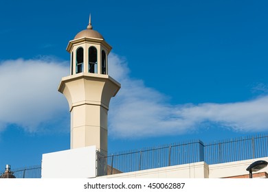 Small Mosque Tower Against The Blue Sky. Birmingham, UK 2016.