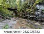 Small mountain stream leaking in canyon-like valley with steep rocky banks overgrown with moss and wooden bridge in autumn overcast day 
