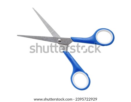 Small multipurpose scissors with blue handle is isolated on white background with clipping path.